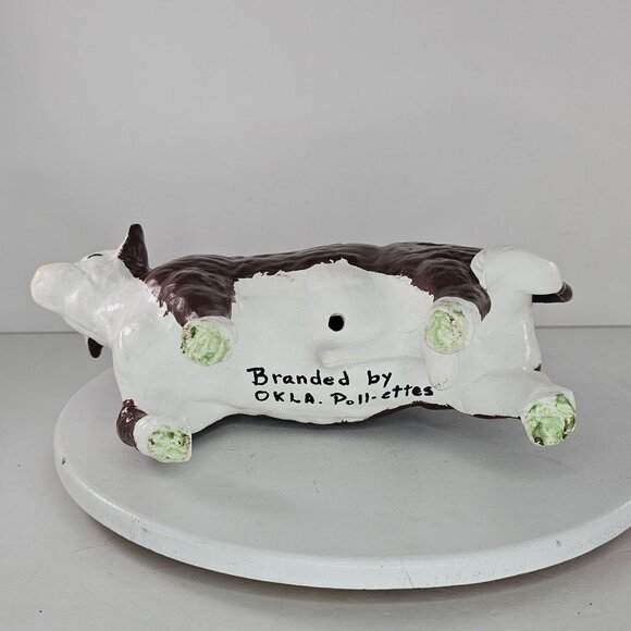Handcrafted Oklahoma Pollettes Ceramic Cow Figurine Brown & White *Repaired* - Picture 7 of 10